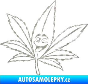 Samolepka Travka 003 levá lístek marihuany s obličejem 3D karbon stříbrný