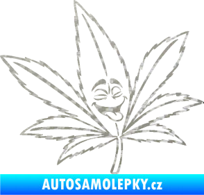 Samolepka Travka 003 pravá lístek marihuany s obličejem 3D karbon stříbrný