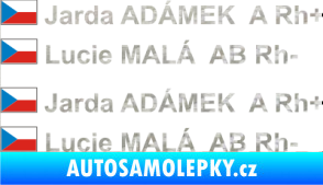 Samolepka Vlajka ČR se jménem a krevní skupinou 3D karbon stříbrný