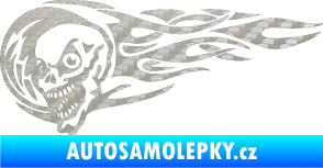 Samolepka Zubatka levá lebka v plamenech 3D karbon stříbrný
