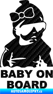 Samolepka Baby on board 001 pravá s textem miminko s brýlemi a s mašlí 3D karbon černý