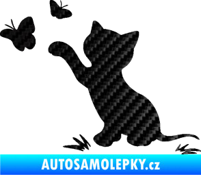 Samolepka Kočka 037 levá s motýlky 3D karbon černý