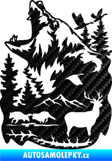 Samolepka Krajina hory 039 levá medvěd a lesní zvěř 3D karbon černý
