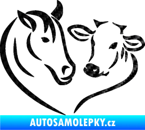 Samolepka Kůň s kravičkou v srdíčku levá láska ke zvířatům 3D karbon černý