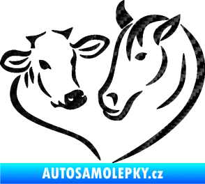 Samolepka Kůň s kravičkou v srdíčku pravá láska ke zvířatům 3D karbon černý