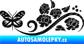 Samolepka Květina dekor 015 levá s motýlem 3D karbon černý