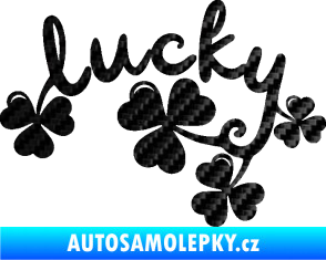 Samolepka Lucky nápis štěstí se čtyřlístky 3D karbon černý