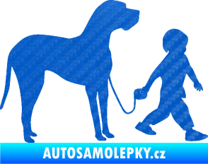 Samolepka Chlapec venčí psa pravá 3D karbon modrý