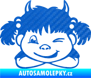 Samolepka Dítě v autě 056 levá holčička čertice 3D karbon modrý