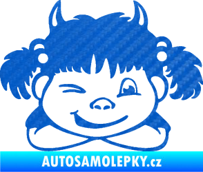 Samolepka Dítě v autě 056 pravá holčička čertice 3D karbon modrý