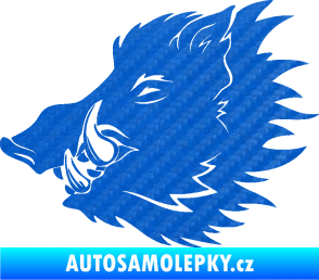 Samolepka Divoké prase 001 levá kanec hlava 3D karbon modrý