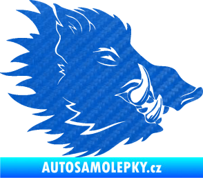 Samolepka Divoké prase 001 pravá kanec hlava 3D karbon modrý
