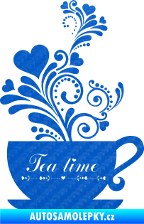 Samolepka Interiér 017 čas na čaj, hrníček s kytičkami 3D karbon modrý