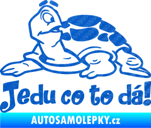 Samolepka Jedu co to dá! 001 levá nápis se želvou 3D karbon modrý