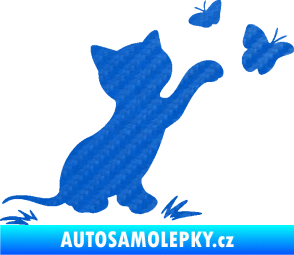 Samolepka Kočka 037 pravá s motýlky 3D karbon modrý