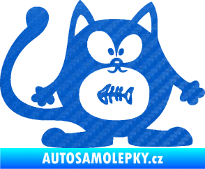 Samolepka Kočka 042 pravá s rybou v bříšku 3D karbon modrý