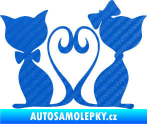 Samolepka Kočky love 002 levá spletené ocásky 3D karbon modrý