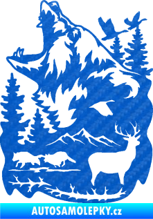 Samolepka Krajina hory 039 levá medvěd a lesní zvěř 3D karbon modrý