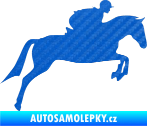 Samolepka Kůň 020 pravá skok s jezdcem 3D karbon modrý