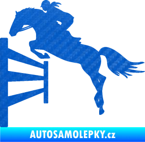 Samolepka Kůň 080 levá skok přes překážku 3D karbon modrý