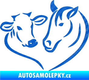 Samolepka Kůň s kravičkou v srdíčku pravá láska ke zvířatům 3D karbon modrý