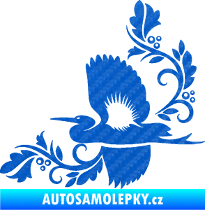 Samolepka Květina dekor 004 levá s ptáčkem 3D karbon modrý