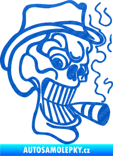 Samolepka Lebka 020 pravá crazy s cigaretou 3D karbon modrý