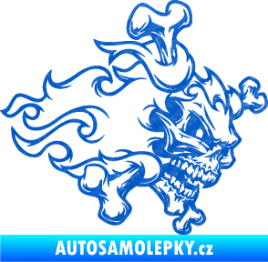 Samolepka Lebka 022 pravá kosti v plamenech 3D karbon modrý