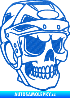 Samolepka Lebka 023 pravá hokejista 3D karbon modrý