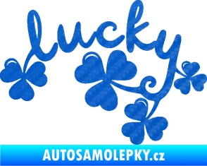 Samolepka Lucky nápis štěstí se čtyřlístky 3D karbon modrý