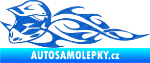 Samolepka Motorka 011 levá helma na motokros v plamenech 3D karbon modrý