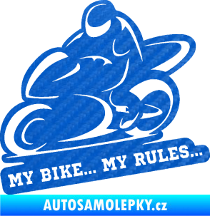 Samolepka Motorkář 012 levá s textem 3D karbon modrý