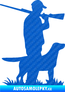 Samolepka Myslivec 005 pravá se psem na lovu 3D karbon modrý