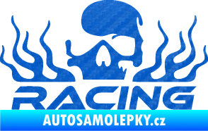 Samolepka Racing nápis s lebkou levá 3D karbon modrý