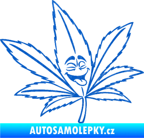 Samolepka Travka 003 pravá lístek marihuany s obličejem 3D karbon modrý
