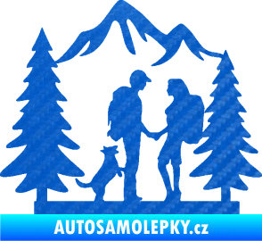 Samolepka Zamilovaná turistika 001 pravá výlet s pejskem 3D karbon modrý
