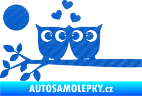 Samolepka Zamilované sovy levá na větvičce 3D karbon modrý