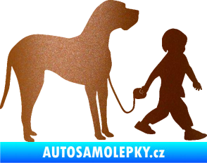 Samolepka Chlapec venčí psa pravá měděná metalíza