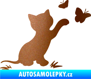 Samolepka Kočka 037 pravá s motýlky měděná metalíza