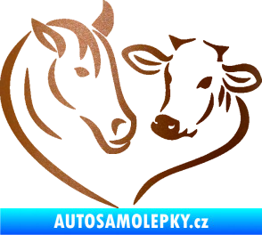 Samolepka Kůň s kravičkou v srdíčku levá láska ke zvířatům měděná metalíza
