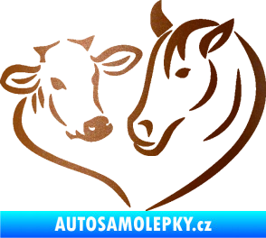 Samolepka Kůň s kravičkou v srdíčku pravá láska ke zvířatům měděná metalíza