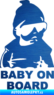 Samolepka Baby on board 002 pravá s textem miminko s brýlemi škrábaný kov modrý