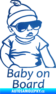 Samolepka Baby on board 003 pravá s textem miminko s brýlemi škrábaný kov modrý