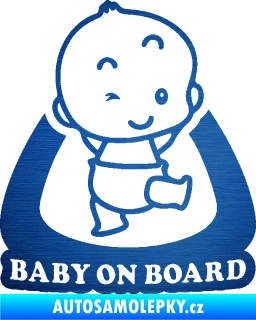 Samolepka Baby on board 011 pravá s nápisem škrábaný kov modrý