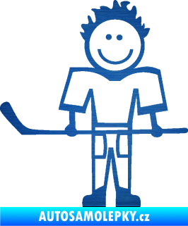 Samolepka Cartoon family kluk 002 levá hokejista škrábaný kov modrý