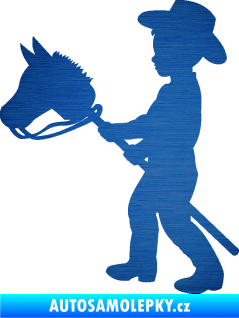 Samolepka Děti silueta 012 levá kluk s dřevěným koníkem škrábaný kov modrý