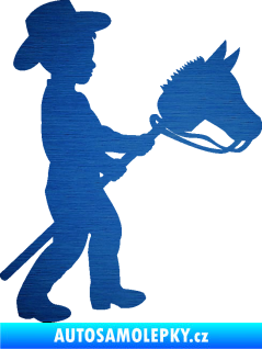 Samolepka Děti silueta 012 pravá kluk s dřevěným koníkem škrábaný kov modrý