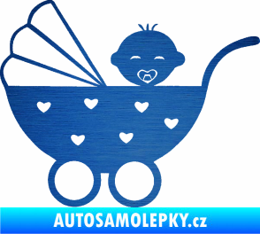 Samolepka Dítě v autě 070 levá kočárek s miminkem škrábaný kov modrý