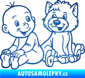 Samolepka Dítě v autě 087 levá chlapeček s pejskem škrábaný kov modrý