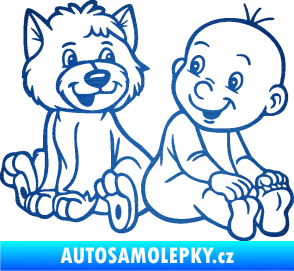 Samolepka Dítě v autě 087 pravá chlapeček s pejskem škrábaný kov modrý